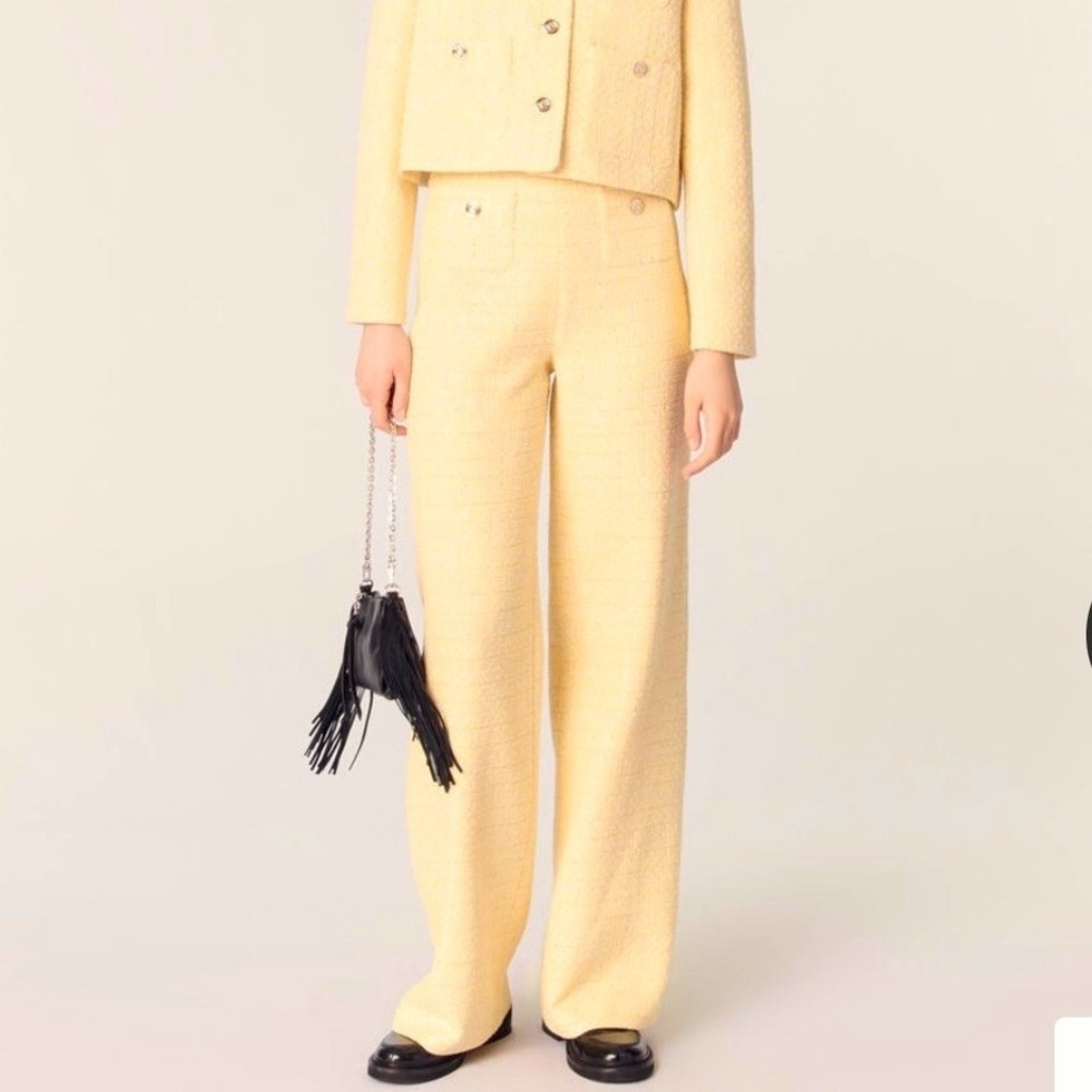 Maje Yellow Tweed Wide Leg Pants Metallic Boucle Trousers FR 36 / US 4 Luxury